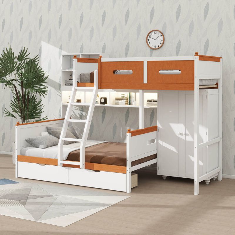Lit superposé simple en bois double avec lit double équipé d'une armoire, de tiroirs, d'étagères et d'un éclairage à DEL