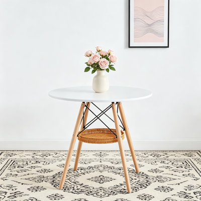 Table basse ronde de 31,5 po, plateau de table en MDF moulé sous vide, pieds en bois massif avec panier de rangement tissé suspendu, table d'appoint de 2 à 4 places