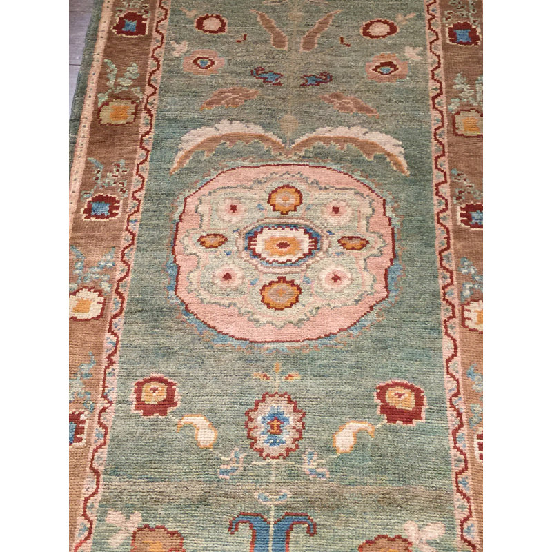 Tapis de couloir unique en laine noué à la main vert / orange 2 pi 9 po x 19 pi