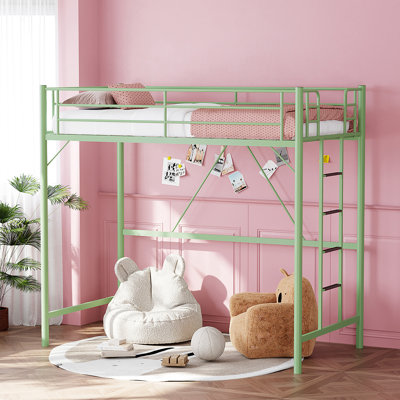 Green Loft Bed Twin Size With Ladder And Guardrail,Metal Slats Support No Box Spring Needed Small Space Saving Furniture For Bedroom Dorm