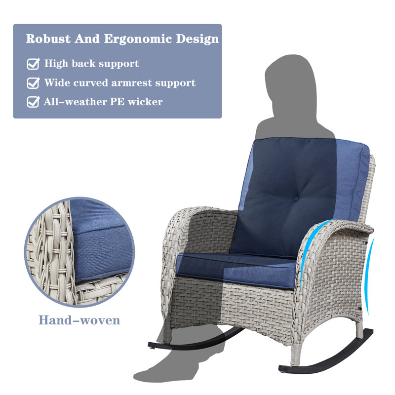 Ensemble de conversation en osier pour 4 personnes avec coussins en polyéthylène (PE) Zarionna, Bleu marine, Gris clair