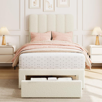 Cadre de lit simple avec tiroir de rangement et tête de lit, cadre de lit plateforme simple tapissier pour filles, support de lattes en bois robuste, silencieux et facile à assembler (beige Boucle)