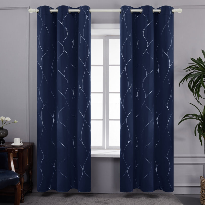 Sliver Wave Printed Room Darkening Blackout Curtains (Set of 2), Navy Blue, 42" W x 96" L
