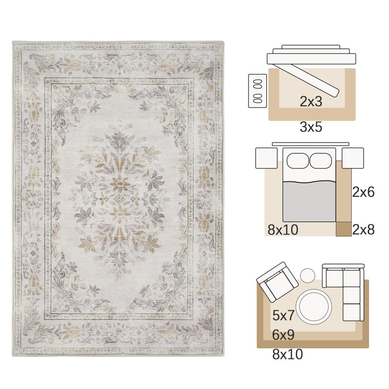 Tapis lavable rétro gris clair, Rectangulaire 2 pi x 3 pi