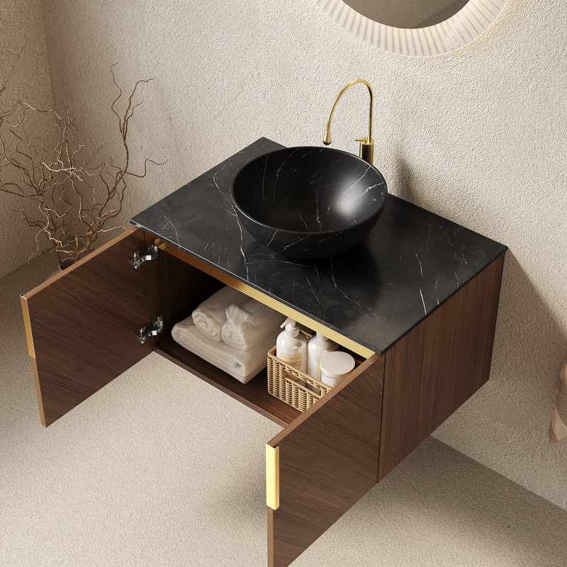Salle de bain murale 30 "avec cuve ronde en céramique noire et 2 portes, 30"