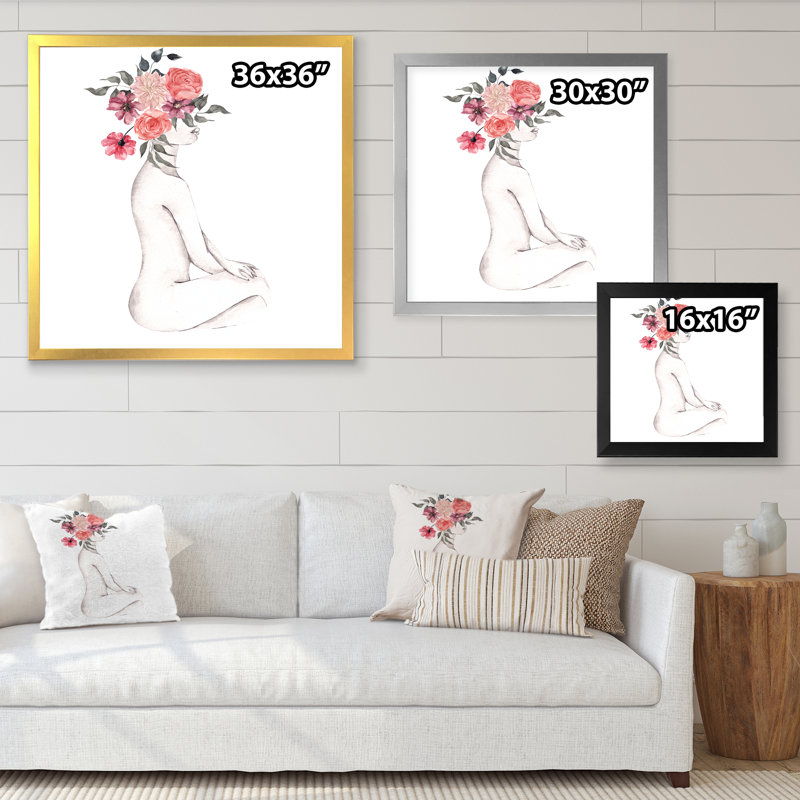 Silhouette de femme avec fleurs rouges et mauves, art mural sur toile Glam, H 36 po x l 36 po x P 1 po, Cadre photo argenté