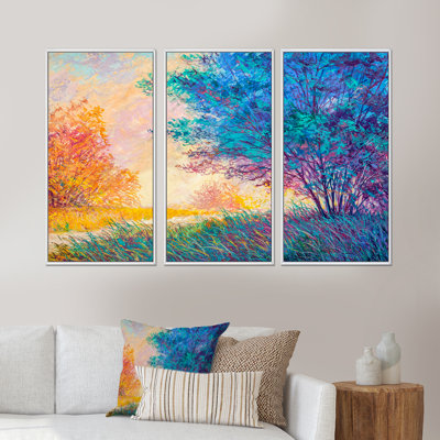 «Sunset In Autumnal Landscape», reproduction sur toile flottante 3 pièces