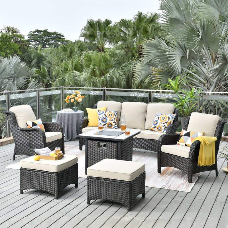 Gilgardo Wicker 7 - Person Patio Conversation Set with Cushions, Beige, Yes