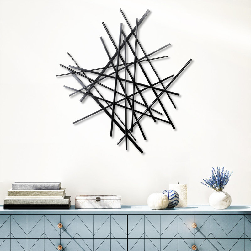 Décoration murale abstraite barre et panneau, H 28,5 po x l 26,5 po x P 1,25 po, Noir, noir, noir, noir