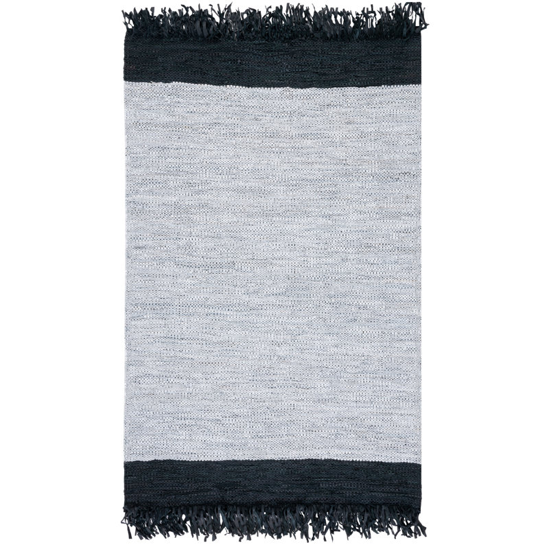 Kostanca Vintage Leather Hand Woven Leather/Cotton Rug in Black/Ivory, Rectangle 4' x 6'
