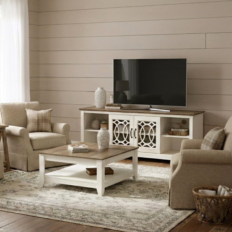 Weddel Basilico Modern 2 Piece Living Room Media And Coffee Table Set, Ivory