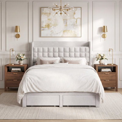 Ensemble de chambre à coucher: Lit plateforme capitonné avec rangement à 2 tiroirs et tête de lit avec rangement et table de chevet à 2 tiroirs avec tablette ouverte