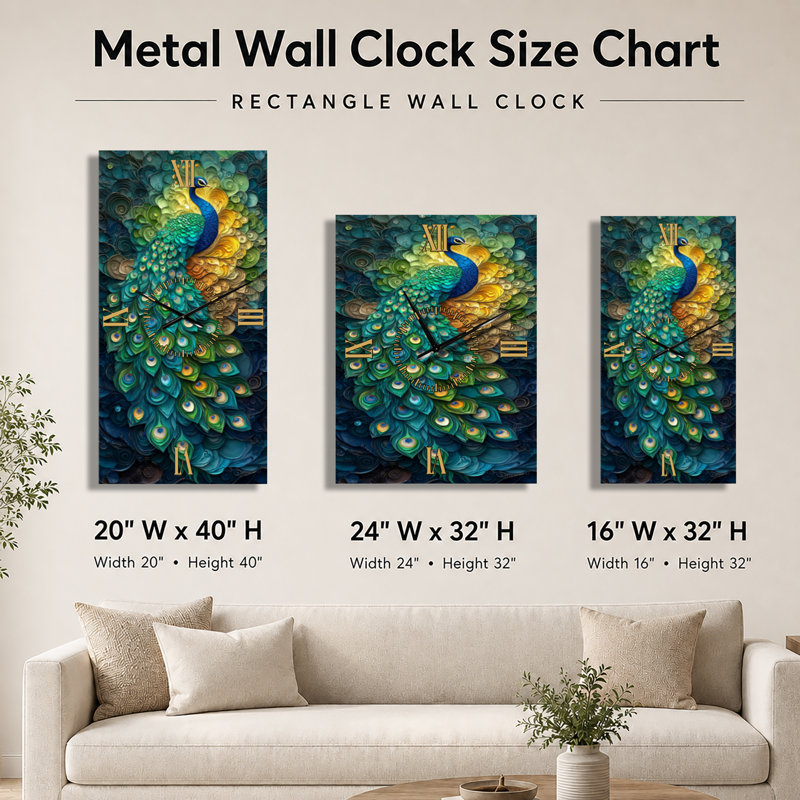 Horloge murale bohème en métal à motifs de paons colorés, H 40 po x l 20 po - Rectangle