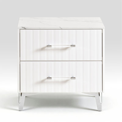 Glam table de chevet de 2 tiroirs de rangement en faux marbre stratifié avec pieds en métal chromés et meubles de chambre à coucher 1 pièce