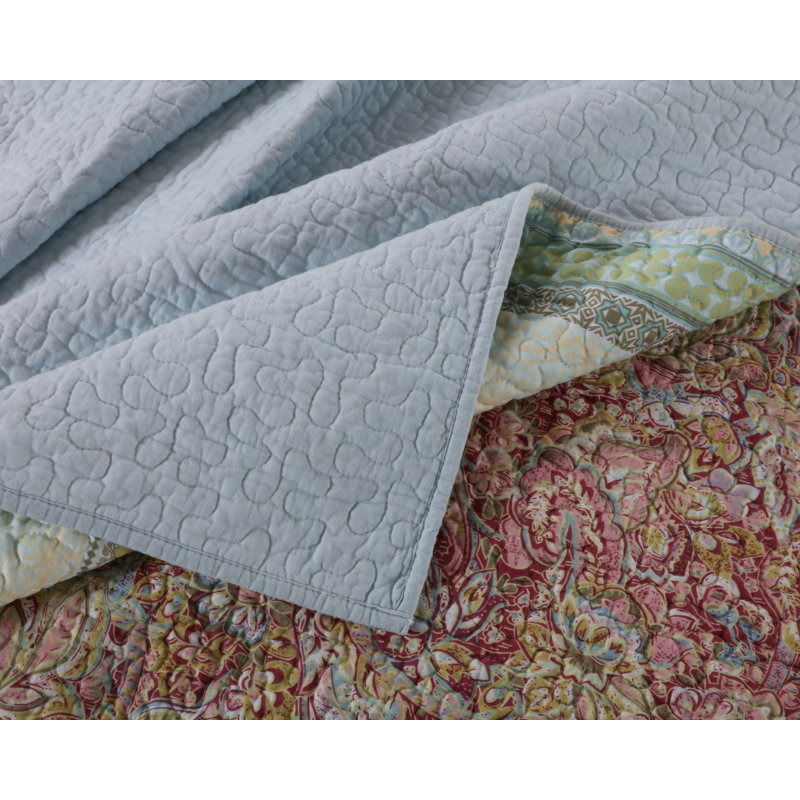 King Size Blue and Multicolor Microfiber Reversible Quilt Set
