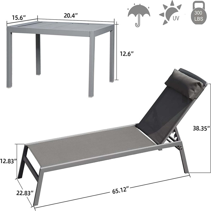 Patio Chaise Lounge Set, 3 Pieces Aluminum Adjustable Pool Lounge Chairs Textilene Sunbathing Recliner With Headrest (Grey,2 Lounge Chairs+1 Table)