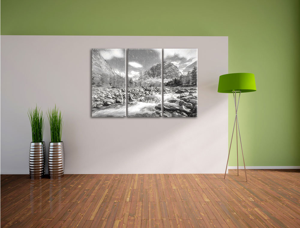 3-tlg. Leinwandbild-Set „Kleiner Fluss im Gebirge“, Kunstdruck