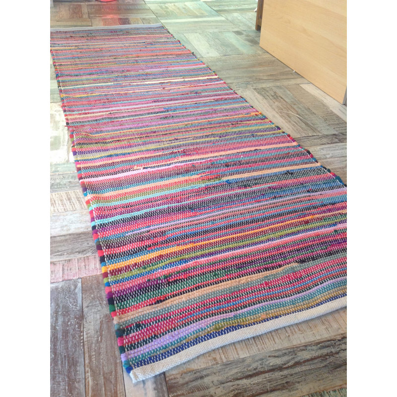 Seth Rainbow Striped Recycled Cotton Handwoven Flatweave Rug, Runner 120 x 300cm