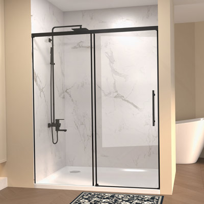 48" W × 72" H Single Sliding Shower Door,5Mm Fixed Glass And 6Mm Sliding Glass Frameless , Clear Tempered Glass, Stainless Steel Handle,Matte Black