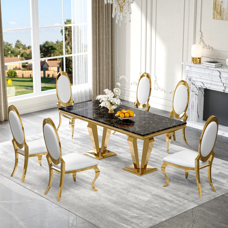7-Piece Dining Table Set, Marble Veneer Mdf Dining Table, With 6 Faux Leather Dining Chairs, Black/Gold/White