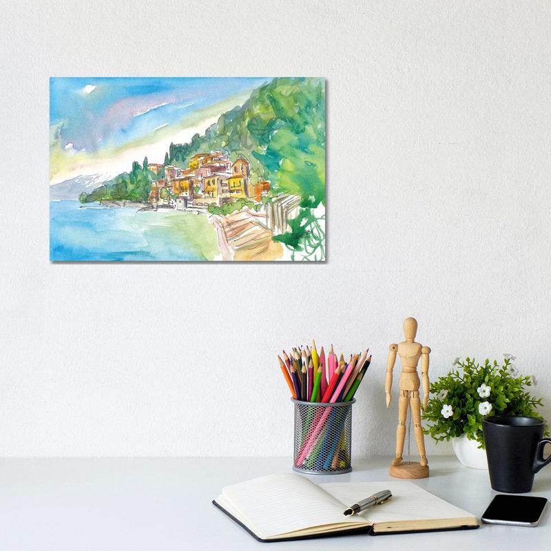 Romantic Varenna Lago Di Como Italian Lakeside Village With Mountain View by Markus & Martina Bleichner - Wrapped Canvas Print