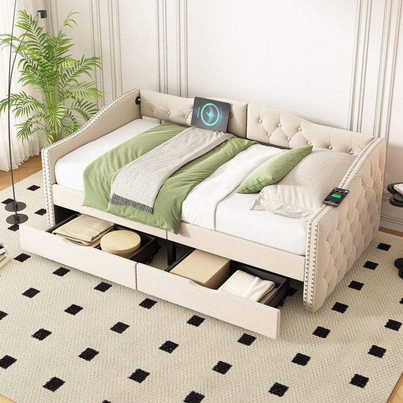 79.92 " Upholstered Daybed with Storage Drawers, Wood Daybed Twin Size, No Box Spring Needed, Grey, Beige