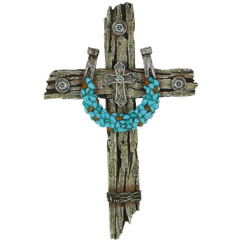 Turquoise Horseshoe on Polyresin Driftwood Hanging Wall Cross Décor