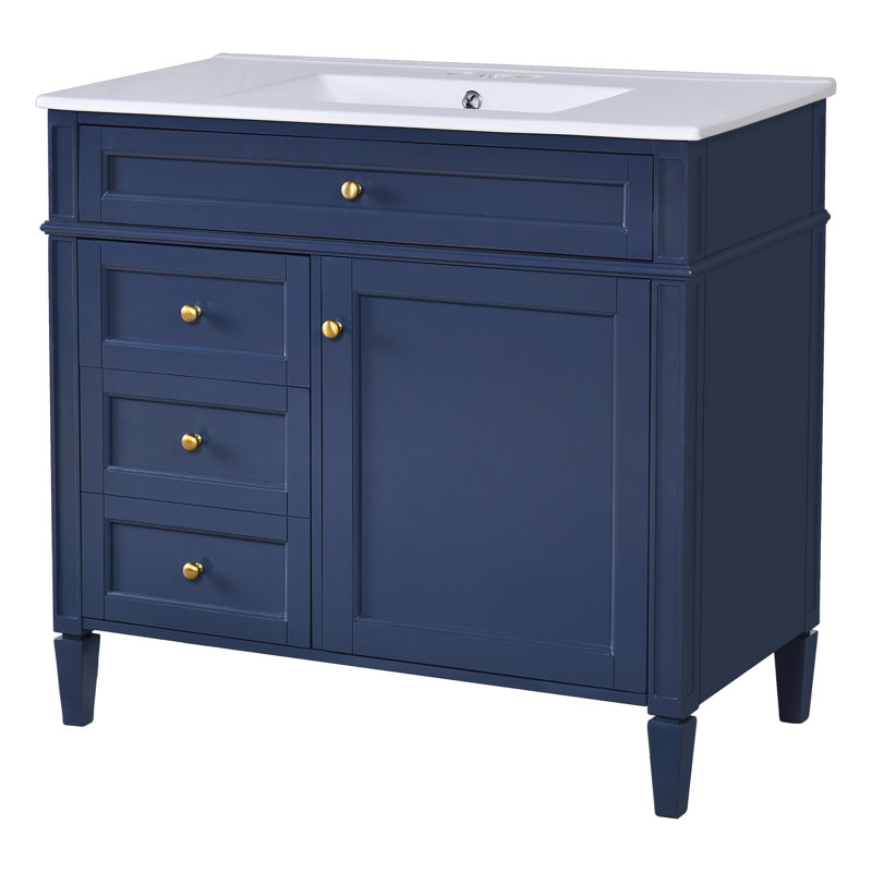 Meuble-lavabo moderne de 36 po avec lavabo, armoire bleue 2 tiroirs et compartiments de rangement fonctionnels, lavabo contemporain en céramique