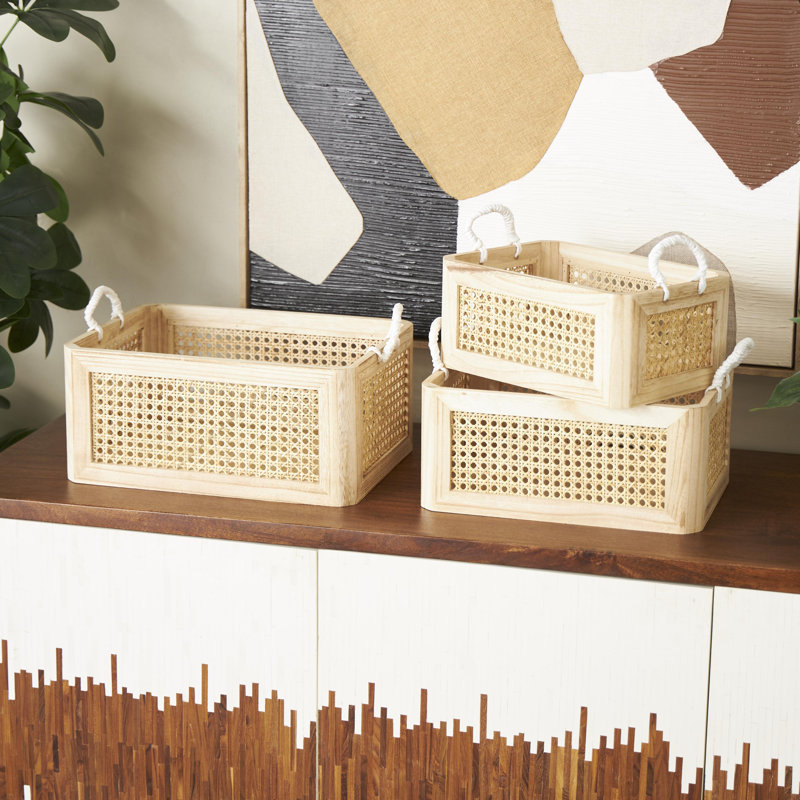 Cole And Grey Rattan Woven Decorative And Functional Storage Basket With White Rope Handles