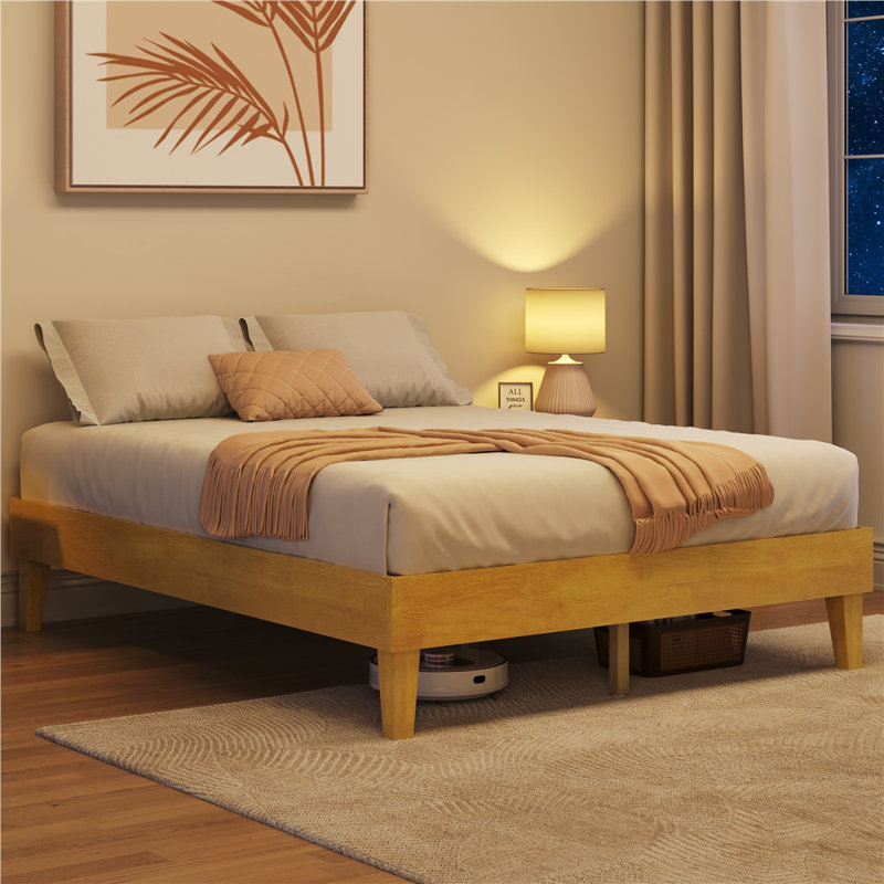 Multi-sized Wooden Platform Bed Frame with Sturdy Slat Support, Natural Wood, Queen