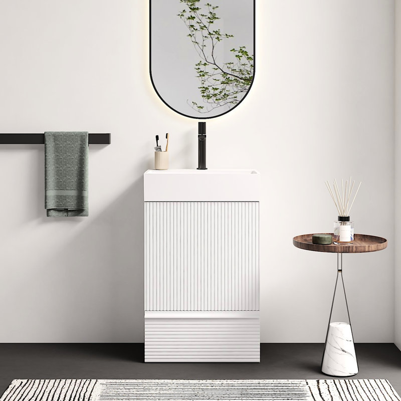 Meuble-lavabo rayé blanc en velours avec lavabo en céramique, autoportant, pour une décoration de salle de bain moderne, tiroir à une porte, âme E1, finition douce, quincaillerie One Bathrooms, 1 & Construction, charnières