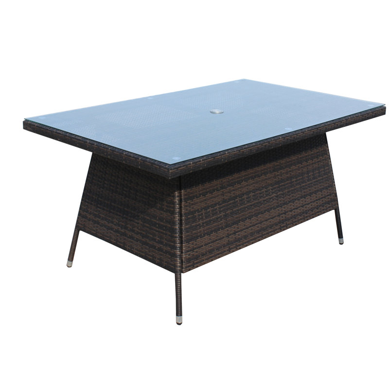 Table de salle à manger d'extérieur avec surface en verre trempé - cadre en aluminium, brun, résistant aux intempéries, à assembler, rectangulaire et protégé