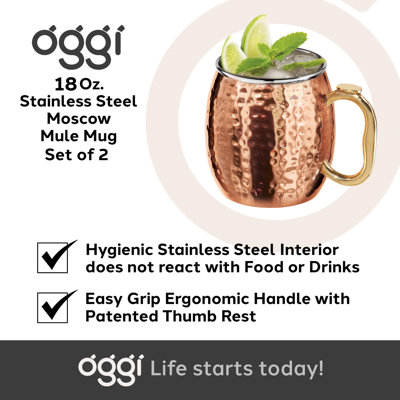 Oggi Barware 2 Piece 18 Oz Stainless Steel Hammered Moscow Mule Mugs Set