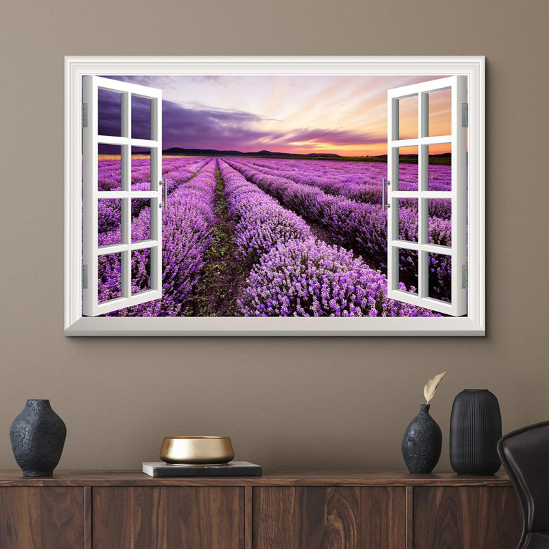 Fenêtre, paysage, champ de lavande mauve au coucher du soleil, impression sur toile tendue, H 16 po x l 24 po