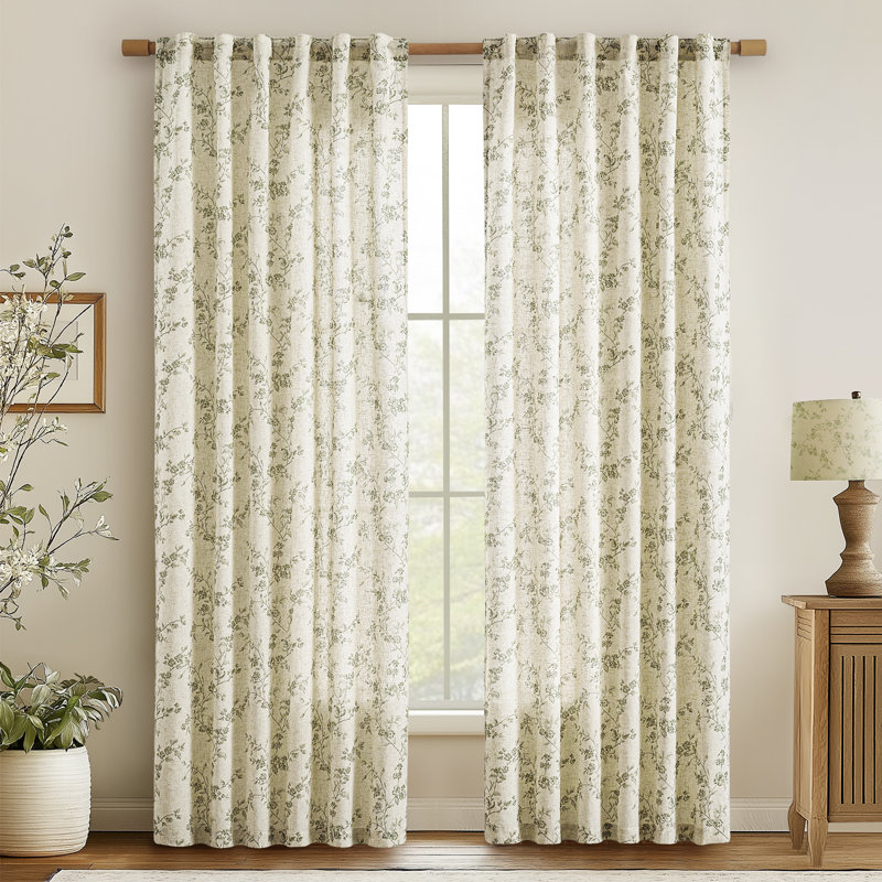 Semi Sheer Linen Blend French Floral Printed Rod Pocket Curtain Pair, Green, 50" W x 90" L