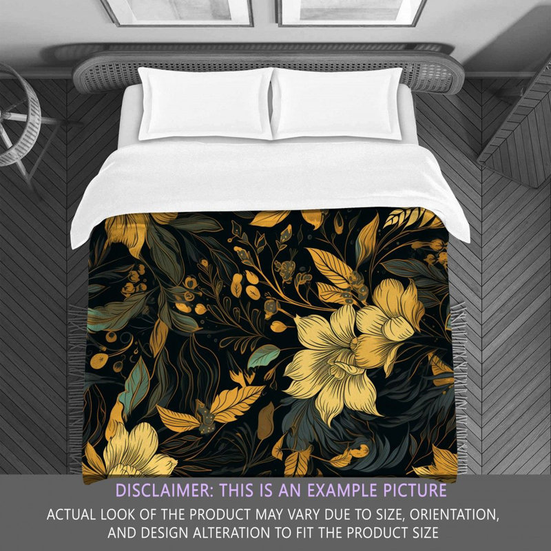 Machine Printed Comforter, Twin Extra Long Comforter, Black/Gold Floral