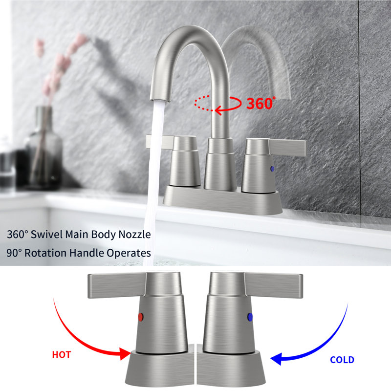 Brushed Nickel Bathroom Faucet - 360 Degree Swivel Spout, 2 Handles, , Fingerprint High Arc Stable Performance