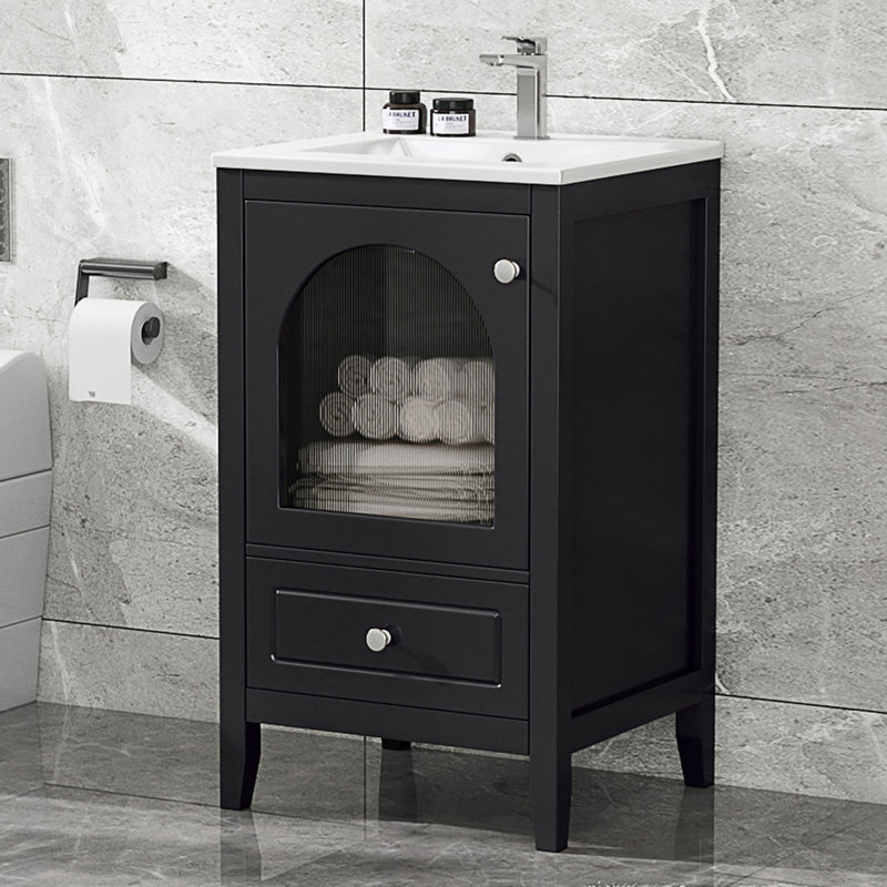Meuble-lavabo de salle de bain avec lavabo, porte à fermeture douce et tiroir, Noir, noir, noir, noir