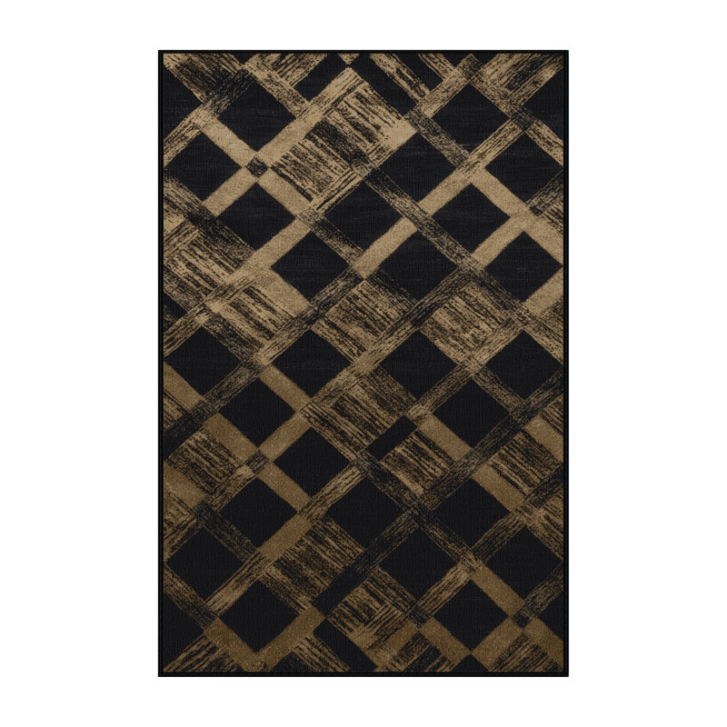 Machine Washable Checkered Black Area Rug, Rectangle 7' x 9'