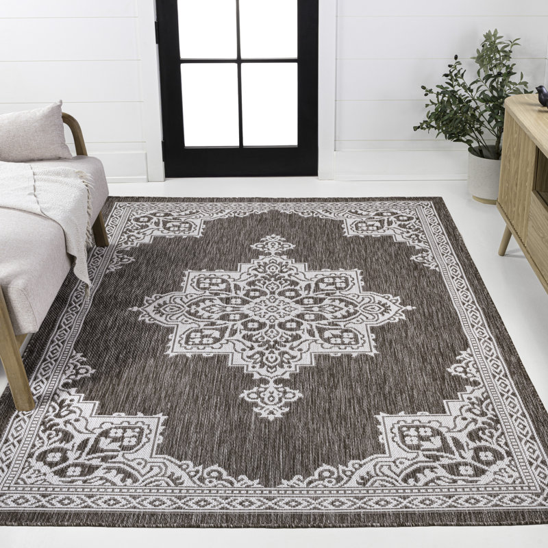 Graysin Vintage Casual Medallion Light Brown/Cream Indoor/Outdoor Rug, Rectangle 4' x 6'