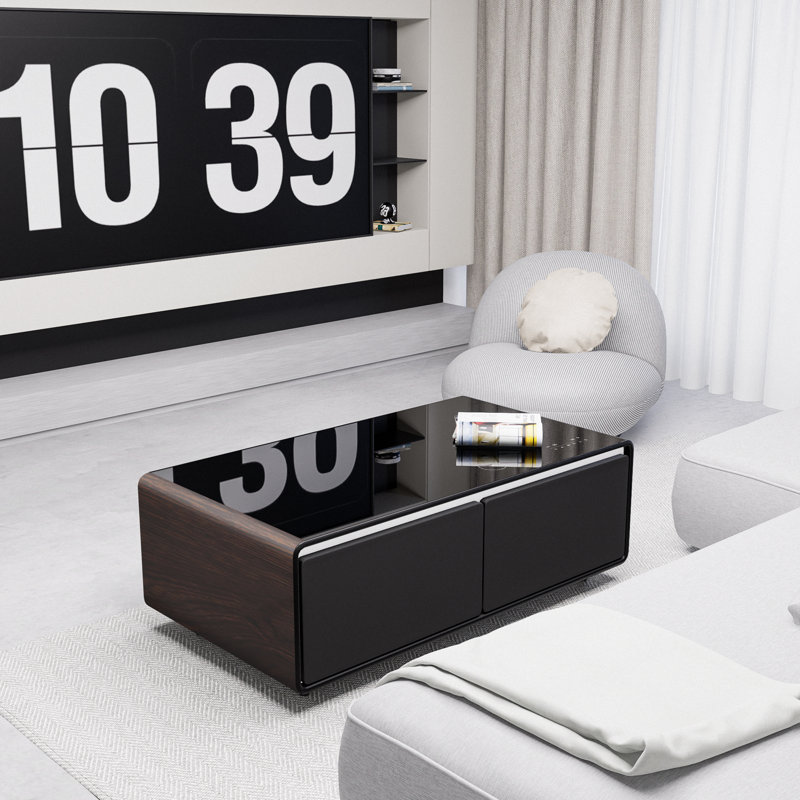 Brown High Gloss Smart Coffee Table with Built-in Fridge and Bluetooth Speakers