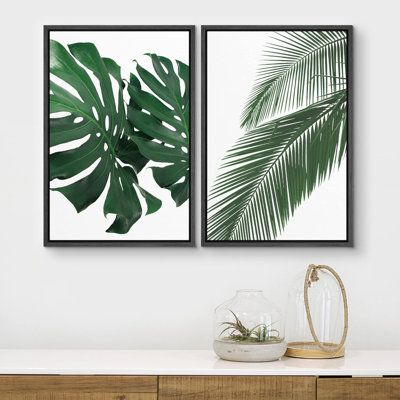 Feuilles de palmier vert et plante Monstera, photos botaniques tropicales, décoration de salon nautique moderne - ensemble de 2 reproductions sur toile flottante