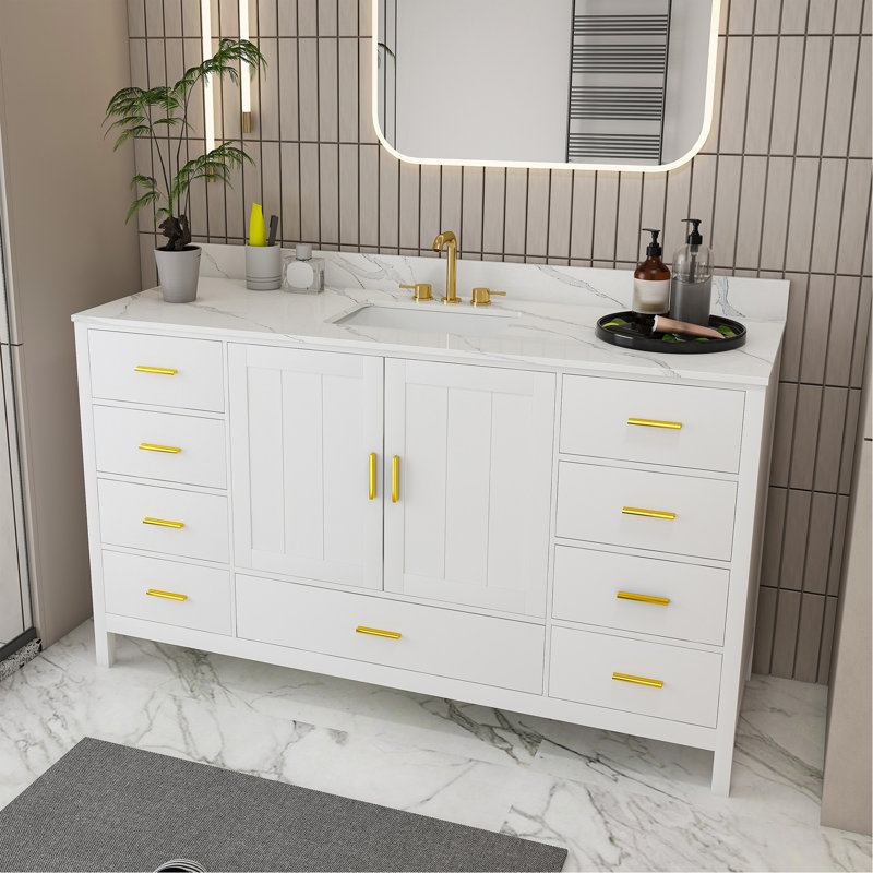 Meuble-lavabo moderne en bois massif de 60 po avec lavabo, comptoir en quartz blanc Carrara de 61 po avec 3 trous de robinet pré-percés, 2 portes doubles à fermeture en douceur, 7 tiroirs et 2 petits compartiments de rangement rabattables (blanc)