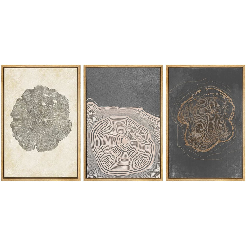 Tree Ring "Beige Gray Wood Stump Artwork, Modern Organic Neutral Minimalist Wall Pictures, Framed Canvas Giclée Print 3 Pieces Wall Art" 16"x24"x3 pcs, 24"x36"x3 pcs
