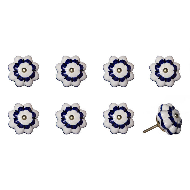 Hand-Painted White and Blue Ceramic Floral Knob Set