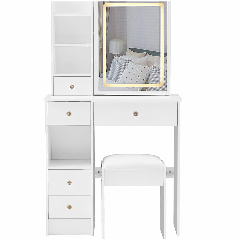 Petit meuble-lavabo de 29,2 po avec tabouret de bureau et tabouret rembourré à gauche 29,2 po, grande commande tactile, interrupteur tricolore, miroir à luminosité réglable, rangement à grande capacité, convient aux petits espaces