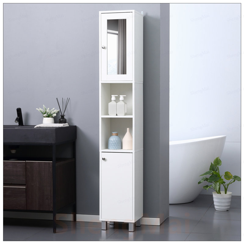 Grande armoire de rangement autoportante en bois avec miroir et tablettes réglables, parfaite pour les salles de bain et les salons modernes