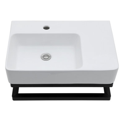Wall-Mounted Rectangular Ceramic Sink, Bathroom Sink With Black Towel Bar And Faucet Hole