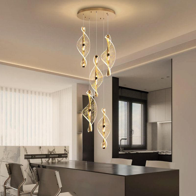 Lustre moderne 5 lumières à DEL en acrylique, Gold, 3600 Lumens, 78" H x 15.7" W x 15.7" D