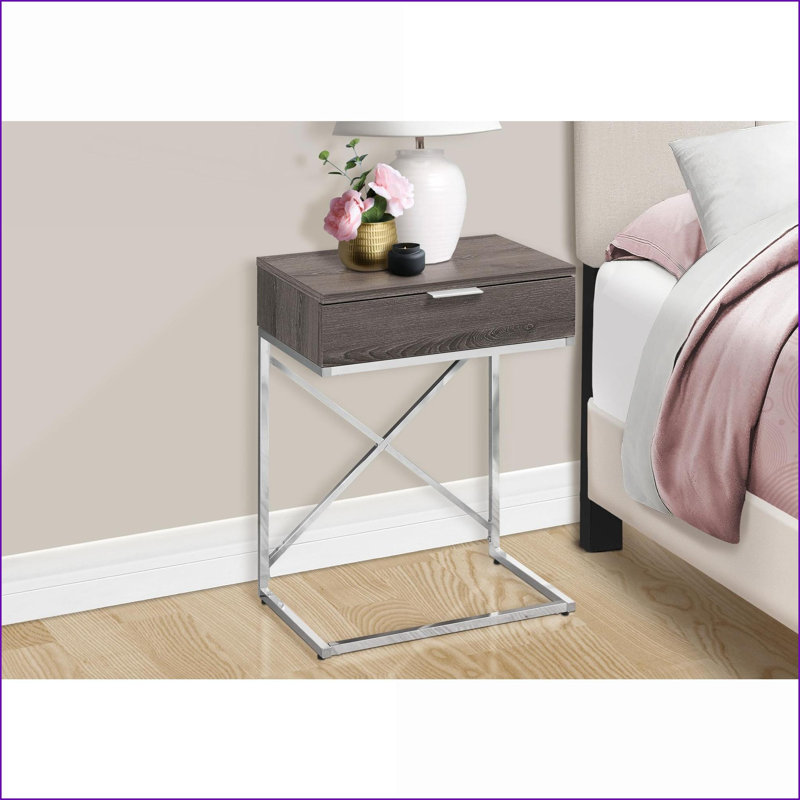 Table basse moderne à grain de bois taupe foncé avec tiroir de rangement, structure en métal chromé pour le salon